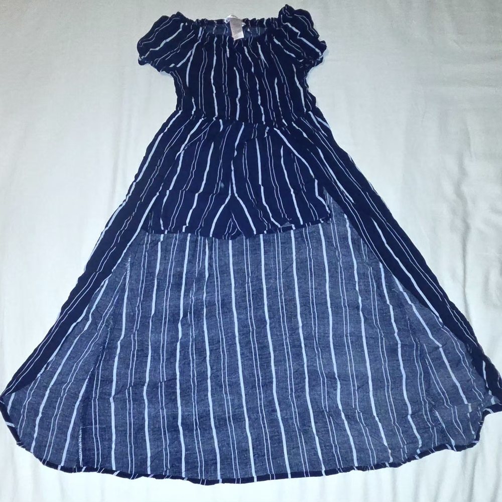Navy Blue Striped Kids Long Back Romper